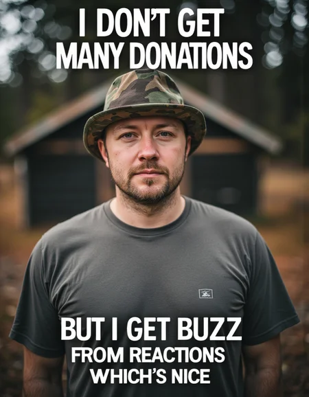 hyperrealistic image , upper body photo of a man  wearing small camo hat and gray t-shirt standing near shack a few with trees in distance  , (at top of image above man's face floating text "I don't get many donations" written with big white letters:2) , (at bottom of image below man's face floating text "But I get Buzz from reactions, which is nice" written with big white letters:2), <lora:flux\flux_realism_lora.safetensors:0.71:0.71> <lora:flux\detailer_flux_v1.safetensors:0.6:0.6> <lora:flux\aidmaImageUpgrader-FLUX-V0.1.safetensors:0.6:0.6>