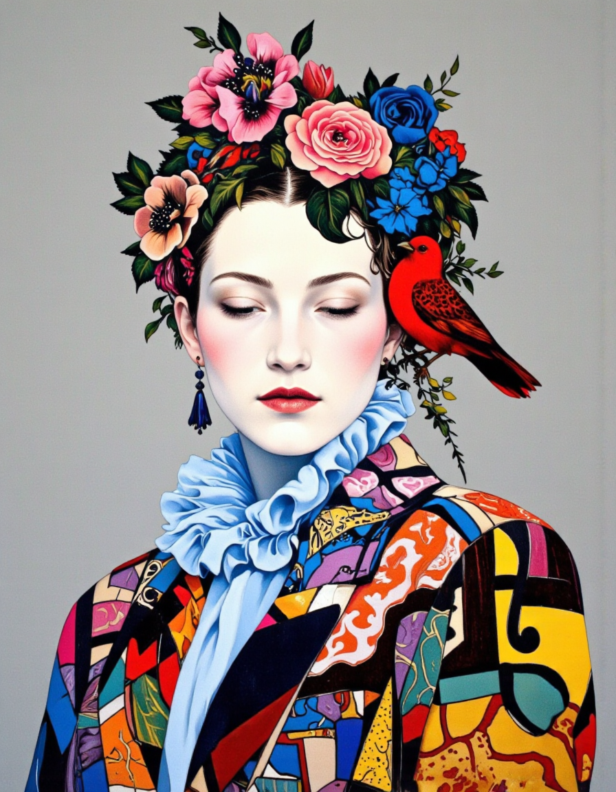Art by Caroline Smith. A vibrant and colorful portrait of a woman with a stylized silhouette, adorned with floral elements and a bird perched on her head. the woman, who appears to be in her mid-twenties, has a fair complexion and is facing the viewer with her eyes closed. she is wearing a blue ruffled scarf around her neck and a colorful, abstract patterned jacket with a patchwork design. her hair is styled in a bun adorned with pink and blue flowers, and she has a serene expression on her face. the background is a plain grey, and the overall style is reminiscent of modern art with bold colors and intricate patterns. on the right side of the image, a red bird is perched on the woman's head, adding a touch of whimsy to the scene.