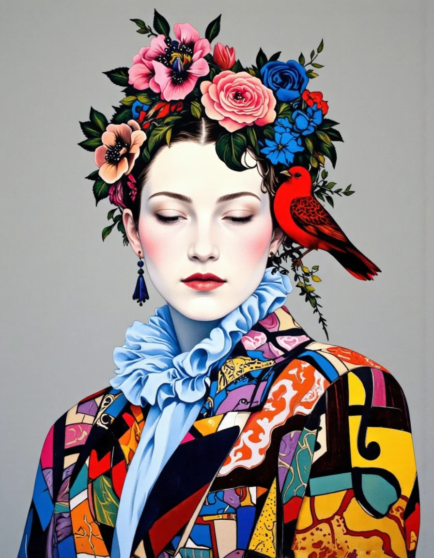 Art by Caroline Smith. A vibrant and colorful portrait of a woman with a stylized silhouette, adorned with floral elements and a bird perched on her head. the woman, who appears to be in her mid-twenties, has a fair complexion and is facing the viewer with her eyes closed. she is wearing a blue ruffled scarf around her neck and a colorful, abstract patterned jacket with a patchwork design. her hair is styled in a bun adorned with pink and blue flowers, and she has a serene expression on her face. the background is a plain grey, and the overall style is reminiscent of modern art with bold colors and intricate patterns. on the right side of the image, a red bird is perched on the woman's head, adding a touch of whimsy to the scene.