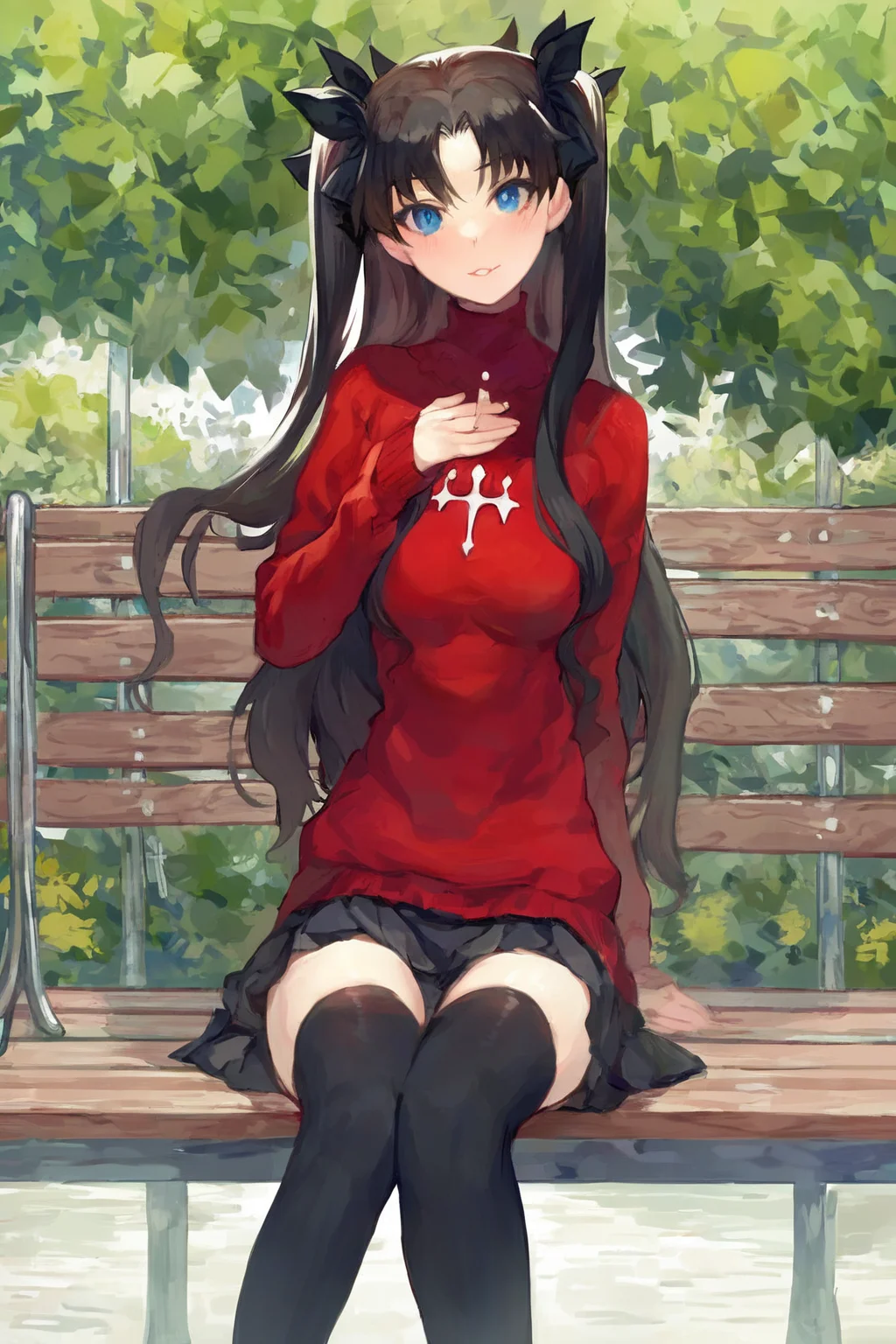 score_9, score_8_up, score_7_up, rating_explicit, rating_questionable, tohsaka rin fate \(series\), black hair, black thighhighs, blue eyes, hair ribbon, long hair, red sweater, ribbon, sweater, thighhighs, two side up, zettai ryouiki, solo, solo focus, cowboy shot, high contrast, , Sitting on a bench in a park, holding a musical instrument, lost in the joy of playing music., <lora:2024-08-23_12-07-33-save-7474-25-24:1>