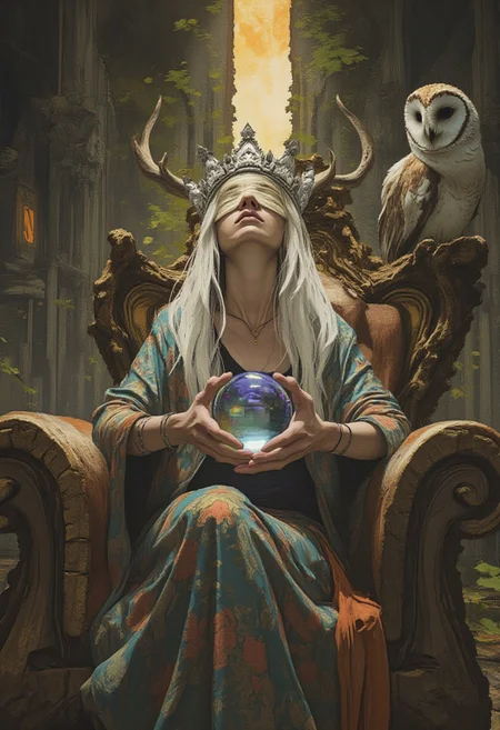 comic art by Mike Allred,
style of Ted Nasmith,
Blindfolded elven oracle seated on a throne of roots and bone, long white hair spilling over embroidered robes, silver crown of antlers, glowing crystal orb hovering in one hand, faint trails of magic swirling from her fingertips, owl perched on her shoulder, backdrop of a broken cathedral overgrown with vines, dramatic oil lighting, deep shadows pierced by golden divine beams
, masterpiece,
art by torikun, SentinelBot, OBxiaoxiang