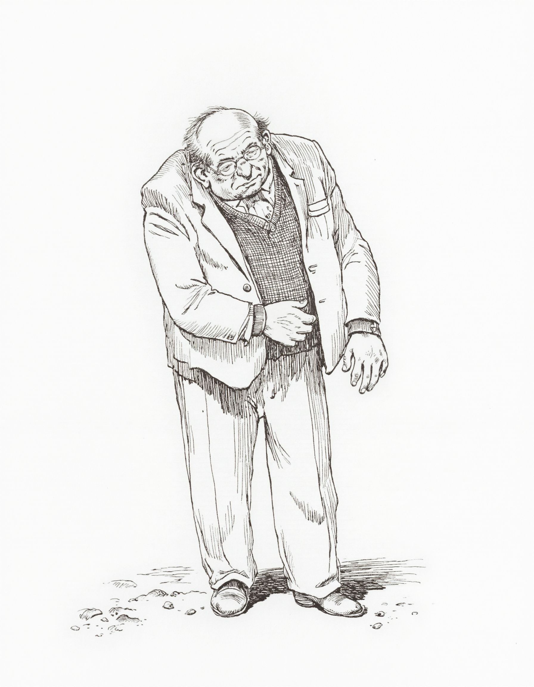 <lora:mig4v:1>,This image is a black and white line drawing, likely created with ink on paper, depicting an elderly man standing with a contemplative or sad expression. The man is drawn in a detailed, almost cartoonish style, with exaggerated features and expressive facial expressions. He has a bald head, thinning hair, and wears glasses, which add to his serious demeanor. His clothing is meticulously detailed, including a suit jacket with a vest, a shirt with a collar, and trousers. The jacket has a belt around the waist, and the trousers are tucked into his shoes, which are simple and practical. The man is standing with his hands clasped in front of him, looking down at the ground, suggesting a moment of reflection or concern. The background is minimal, with only a few sparse lines indicating shadows and ground texture, which keeps the focus on the man. The overall style is reminiscent of early 20th-century cartooning or illustrative art, with a focus on clear, defined lines and shadows to create depth and form.