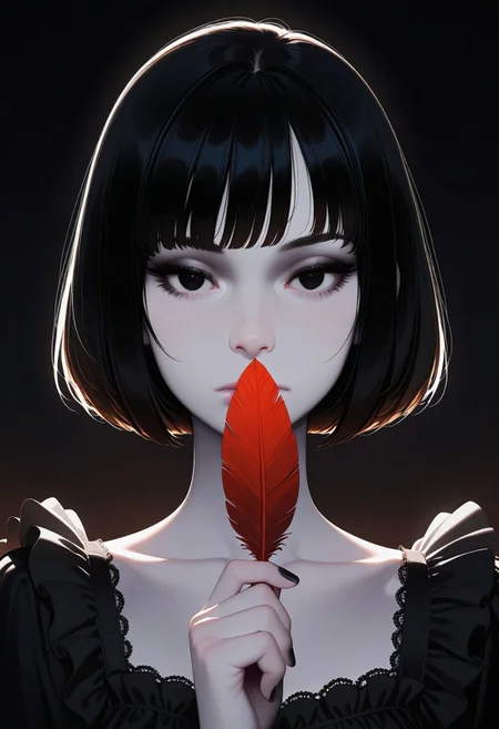 HDR, 8K, high contrast, masterpiece, best quality, amazing quality, very aesthetic, realistic, newest, volumetric lighting, 
(artist:incase:0.5), (artist:tsuaii:0.75), (flat colors:2),
1girl, solo, black hair, bob cut, bangs, black eyes, solid eyes, detailed eyes, glooming eyes, eyelashes, makeup, expressionless, looking at viewer, pale skin, black nail polish, frilled dress, high collard,lace trim, collarbone, holding feather, covering mouth and nose with red feather, black gradient background, dark theme, backlighting, straight on, close up, face portrait, limited palette,