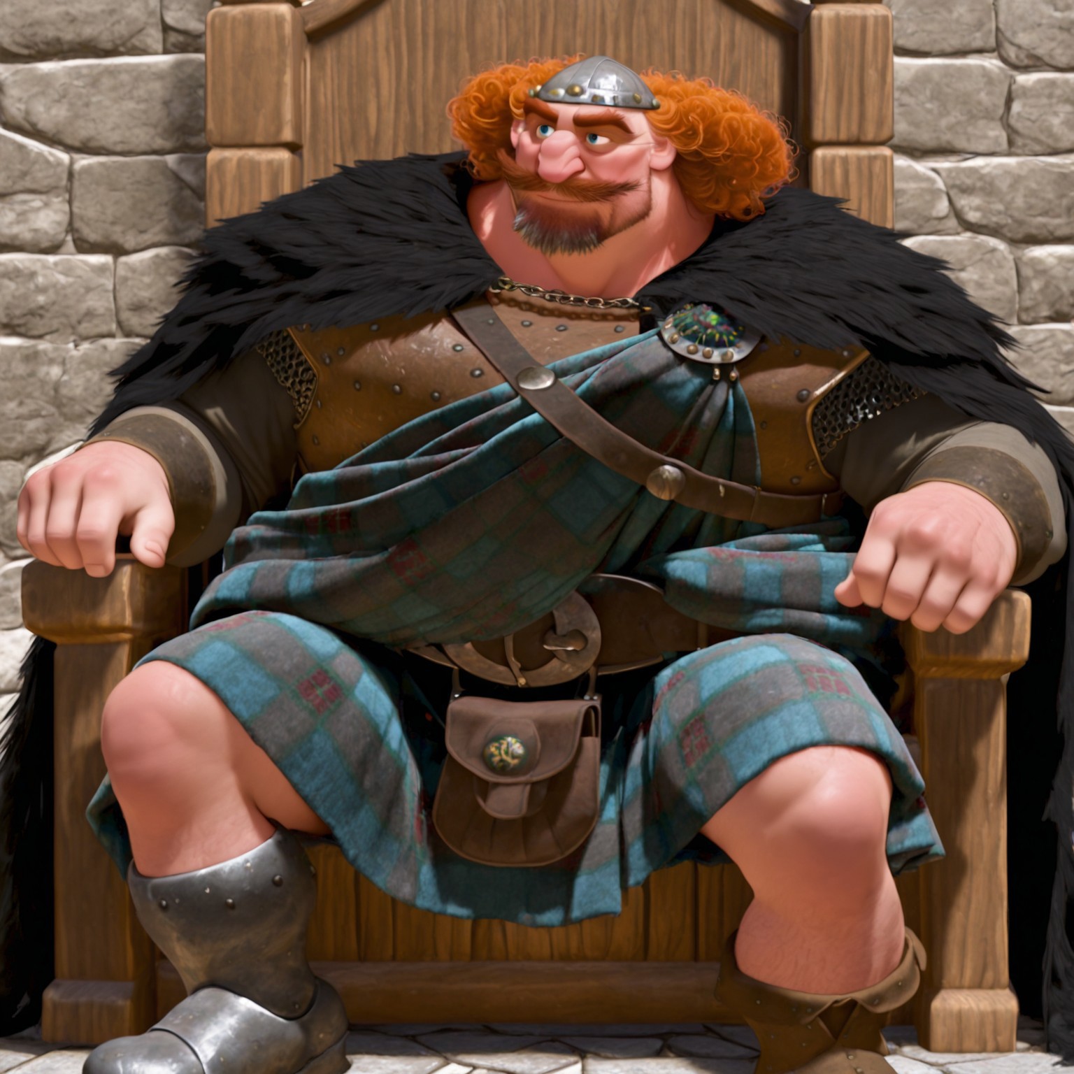 highres, hi res, best quality, masterpiece, Fergus, solo, male, facial hair, mustache, orange curly hair, blue eyes, armor, cape, older male, crows feets, tall, muscular, bara, fat, fair skin, thick eyebrows, brown armor, silver helmet, large black belt cape, brown leather sporran, peg leg, kilt, long sleeved tonic, Leather belt, scottish sash, sitting on wooden throne, day, indoors, stone floor, wrinkles, old man, mature male, cg, render, detailed face, detailed eyes, detailed, 