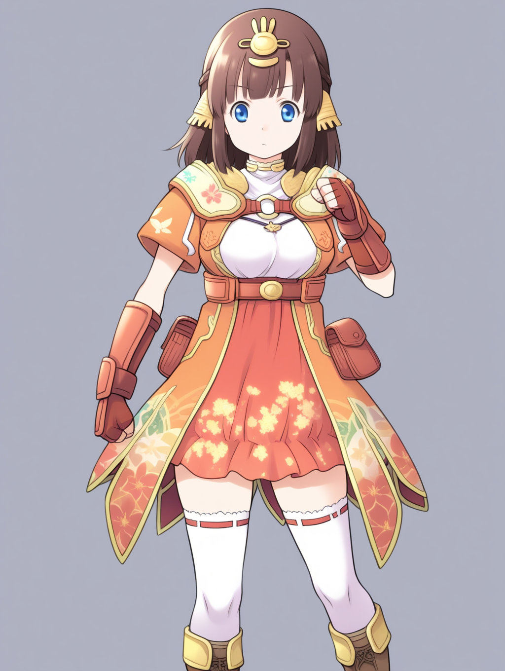 perfect quality,best quality,absolutely eye-catching,ambient occlusion,raytracing BREAK
1girl,<lora:miki hinamaturi IL v1.1:0.8>,hinamaturi,brown hair,medium hair,hair ornament,blue eyes,dress,short dress,fingerless gloves,thighhighs,boots,solo,, straight-on,close-up,fighting_stance,chin_stroking,arm_at_side,open_stance,