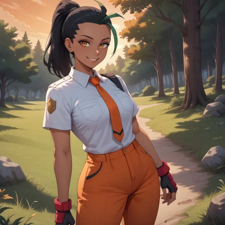 score_9, score_8, BREAK, 1girl, solo, nemona (pokemon), smile, black hair, two-tone hair, dark skin, dark skin female, orange eyes, naranja academy school uniform, white shirt, orange necktie, single glove, fingerless gloves, orange shorts, pocket, black pantyhose, red footwear, sexy pose, self portrait, smile, outdoors, sunlight, shadows, evening lighting, natural lighting, forest, trees, grass, orange sky, sunset