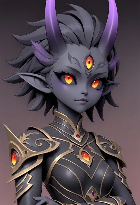 3DMM, ((te'kharoth, third eye), tail, horns), short hair, messy hair, black sclera), 1girl, amber eyes, armor, crossed arms, upper body, small breasts, ornate armor, fantasy, magical aura, simple background, gradient background