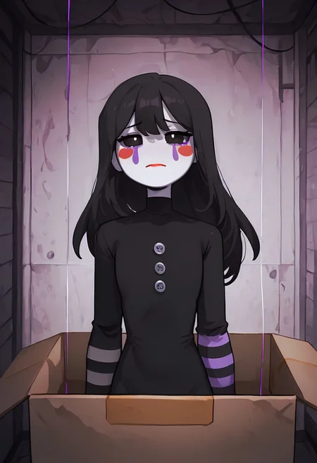 masterpiece, best quality, amazing quality, very aesthetic, absurdres, newest, detailed background, foreground blur, (( cartoon,  )),
charlieemily, 1girl, black hair, long hair, black eyes, gray skin, square hair, square eyes, purple tears, purple tears down cheeks, 
((inside box, black body suit, stripped sleeves, loose sleeves, , ))
purple tears, lipstick, red cheeks, puppet strings, upper body cowboy shot, loose sleeves, long sleeves, turtleneck body suit, black body suit,