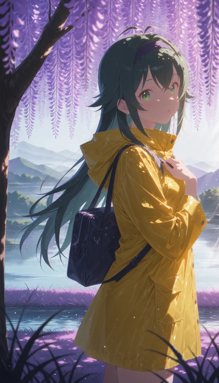 1girl, tsukimura temari, gakuen idolmaster, green eyes, long dark green hair, antenna hair, hair flaps, hair between eyes,
((:o,open eyes,confussed):1.1),
(running)
wearing Fisherman's Raincoat, headband,
BREAK
(looking at viewer:1.2), looking back seductively,
under tree, branch, (purple wisteria:1.3), bag, (purple grass:1.4), misty lake,
dreamy atmosphere,
QUALITY
(masterpiece, very aesthetic, absurdres),
BREAK
at day, haze, (cowboy shot,from front), , portrait, (dappled sunlight:1.3), (sunbeam:1.1), (sunlight from side:1.2), (light rays:1.1), dramatic lighting, (glowing:1.4), (particles:1.2), (blurry background:1.1), (blurry foreground:1.3), purple shadow, high contrast
<lora:outline_xl_end:-12>, <lora:d\EnvyZoomSliderXL01:1>, <lora:aesthetic_anime_v1s:0.5>, <lora:StS-Illustrious-Detail-Slider-v1.0:1.25>, <lora:il_brightness_slider_d1:-0.5>, <lora:darkness_xl_v20:0.5>, <lora:Dramatic Lighting SliderIL:3>,
