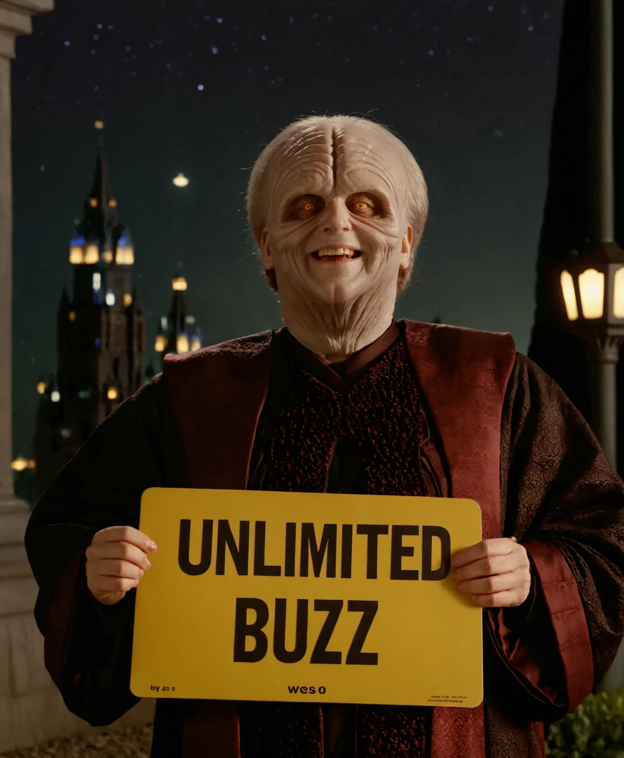 a photo of sidi0us (by benjamin wes t:1.2),dark robe with hodd,smile,cinematic,depth of field,gloomy,dark,at night,holding a sign with "UNLIMITED BUZZ"