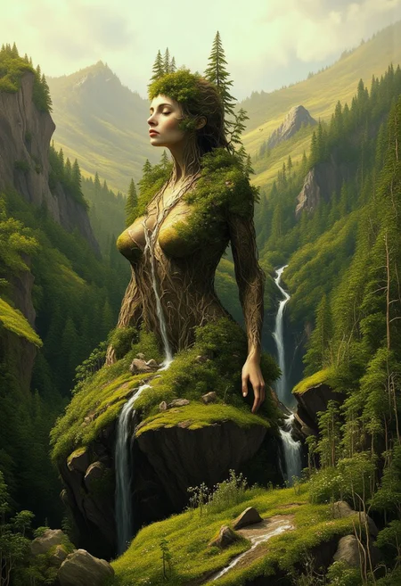 A surreal landscape reveals the subtle form of a woman, the embodiment of Earth's lifeblood, seamlessly blended into the terrain. Her body forms rolling hills and valleys, her shoulders rising as mountain peaks crowned with lush forests. Streams flow from her collarbones, cascading down her chest and merging into rivers that wind through fertile plains. Her skin is a bodysuit, textured with moss, roots, and soil, her contours barely distinguishable yet vital to the environment's existence. Her face emerges gently from the landscape, carved into a rocky cliff with closed eyes and a serene expression, as if she is dreaming the world into being. Her hair flows like a meadow of tall grass and wildflowers, swaying softly in a gentle breeze. Trees grow along the curves of her arms and legs, their roots intertwining with her body. Golden light filters through the misty atmosphere, highlighting her form and blending it with the terrain. A waterfall spills from her abdomen, creating a sparkling stream that nourishes the verdant land below. Her feet stretch deep into the earth, anchoring her as the foundation of the ecosystem, Her body is a sanctuary and the heart of the landscape, both its source and its sustainer. Her form is not the focus, but an inseparable part of the world, a quiet, powerful presence that ties every element of the environment together in harmony.