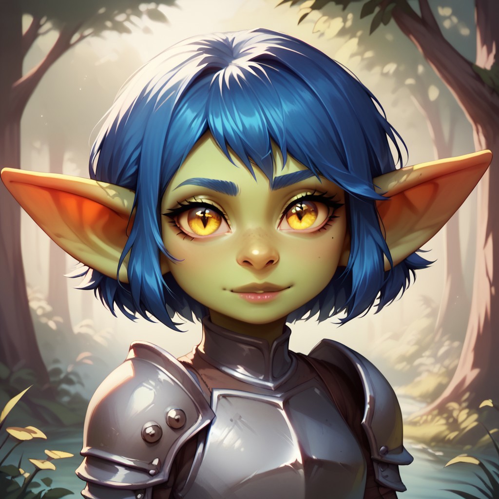 (((detailed, beautiful, high quality))), score_9, score_8_up, score_7_up, solo, portrait,
goblin, short stature, shortstack, long pointed ears, big eyes,
1girl, female focus, blue hair, short hair, yellow eyes, green skin, grey armor,
(looking at viewer:1.2), posing,
forest,