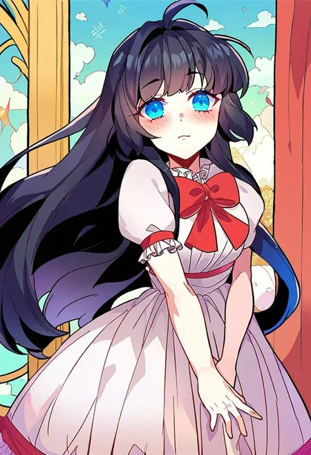 score_9,score_8_up,score_7_up,source_anime,zPDXL3,
*//*,<lora:BlancheFreidkin_v1.0:1>,blanche_freidkin1girl,blue eyes,black hair,long hair,hair intakes,ahoge,white dress, ,frilled dress,red bow,:d,blush,
*//*,looking at viewer,cowboy shot,dutch angle,dynamic pose,