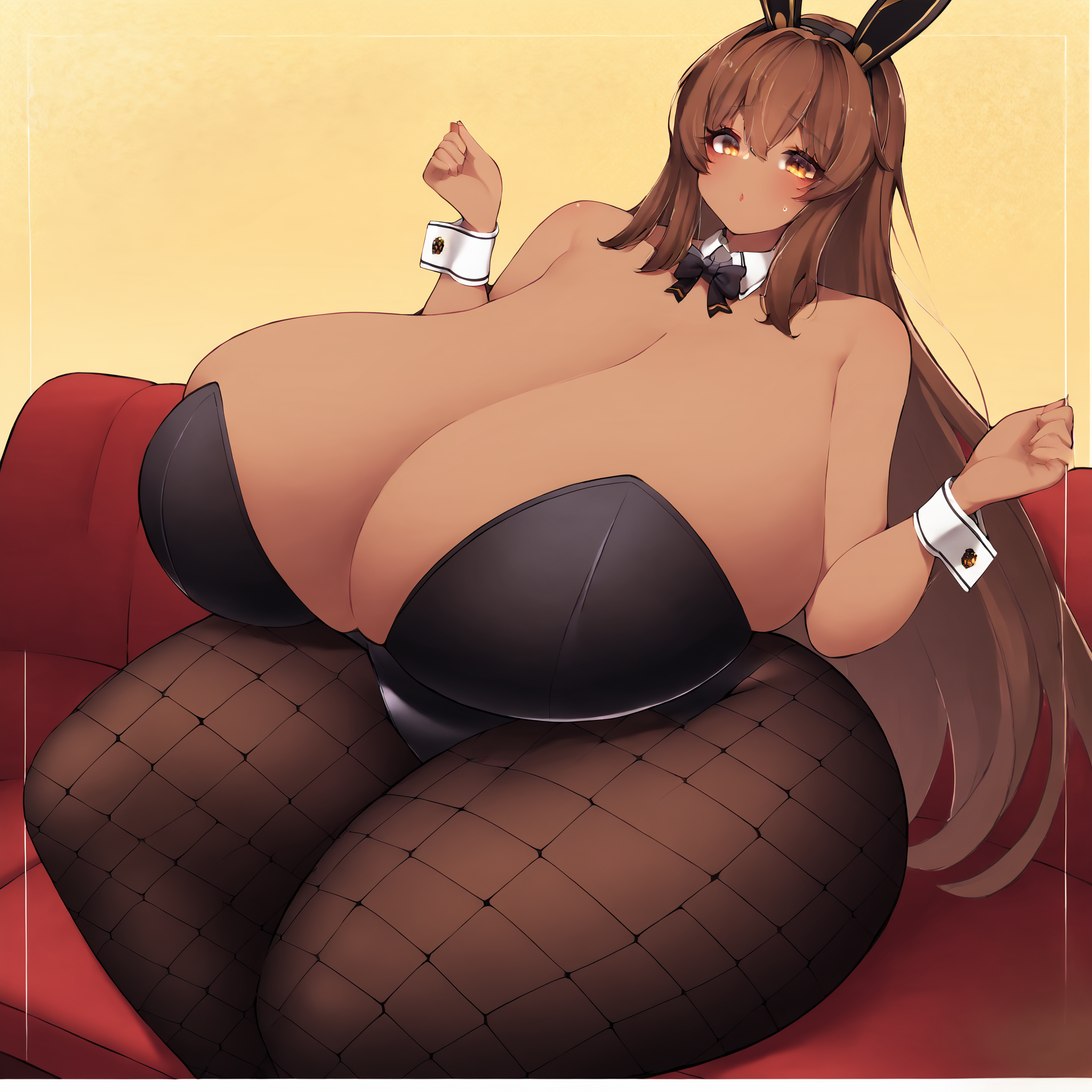 (masterpiece), best quality, (highly detailed), score_9, score_8_up, score_7_up, score_6_up, score_5_up, 1female, <lora:Cheap_MelonSoda_style:1>, sitting, sofa, <lora:noir-nikke-richy-v1_pdxl:1>, noirdef, brown hair, very long hair, fake animal ears, playboy bunny, detached collar, bowtie, black leotard, cleavage, fishnet pantyhose, wrist cuffs, dark skin, gigantic breasts, wide hips, thick thighs,