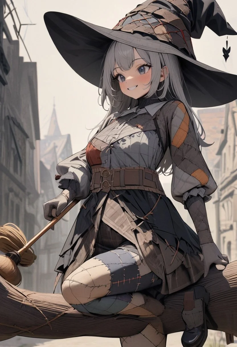 masterpiece, very aesthetic, absurdres, newest, ptchkrawk, 1girl, witch, riding on broom, smiling, looking to the side, patchwork clothes