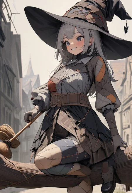 masterpiece, very aesthetic, absurdres, newest, ptchkrawk, 1girl, witch, riding on broom, smiling, looking to the side, patchwork clothes