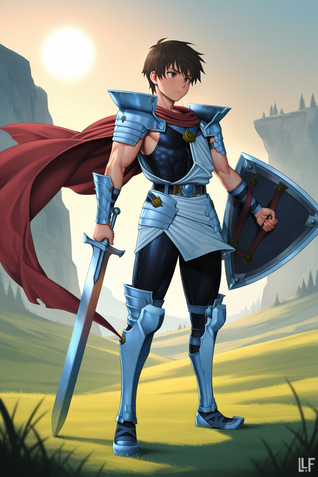 masterpiece,best quality,amazing quality, GOHPROT, 1boy, male focus, toned male, short hair, brown hair, brown eyes, red cape, shoulder armor, black sleeveless bodysuit, white toga, belt, belt buckle, waist armor, vambraces, greaves, full body, sword, shield, cliffside background, grass, outdoors, sun, solo