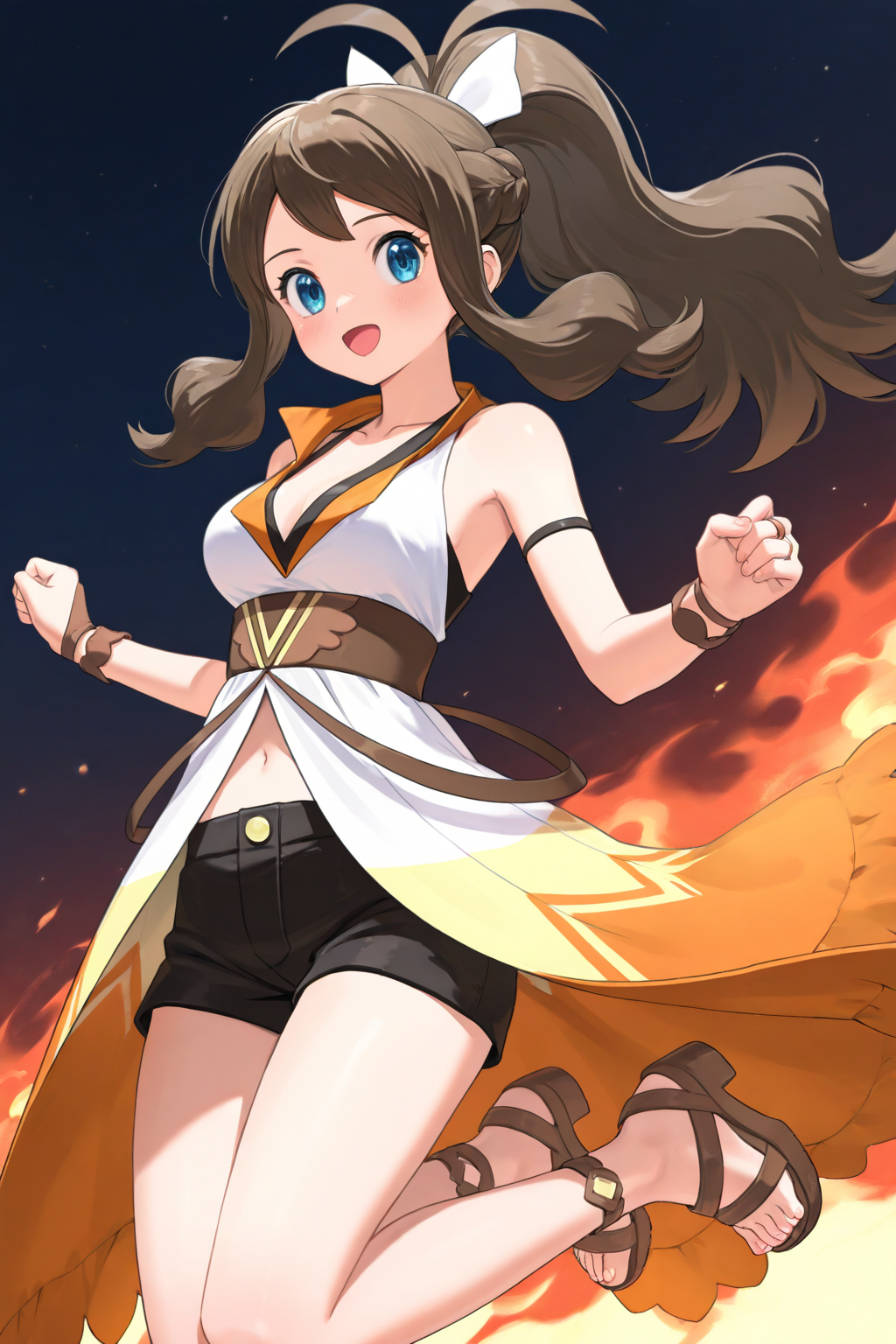 2d, masterpiece, best quality, amazing quality, highres, absurdres, newest, 1girl, solo, jumping, full_body, close-up, flame_background, medium breasts, syghilda, blue eyes, brown hair, sidelocks, high ponytail, antenna hair, sleeveless dress, showgirl skirt, multicolored dress, white dress, orange dress, v-neck, bridal gauntlets, bracelet, black shorts, short shorts, sandals, brown footwear, block heels