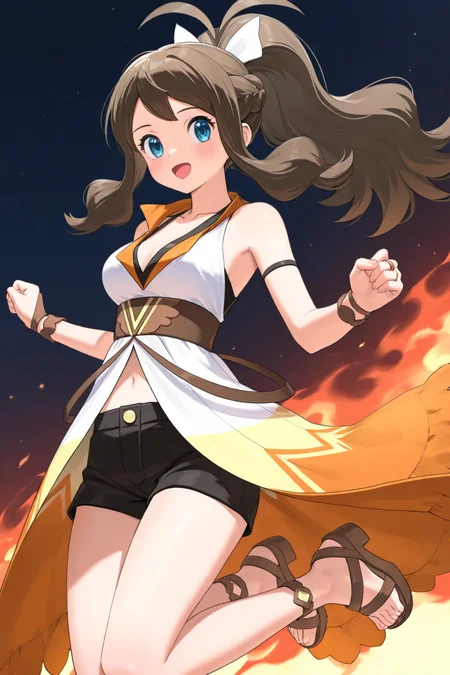 2d, masterpiece, best quality, amazing quality, highres, absurdres, newest, 1girl, solo, jumping, full_body, close-up, flame_background, medium breasts, syghilda, blue eyes, brown hair, sidelocks, high ponytail, antenna hair, sleeveless dress, showgirl skirt, multicolored dress, white dress, orange dress, v-neck, bridal gauntlets, bracelet, black shorts, short shorts, sandals, brown footwear, block heels