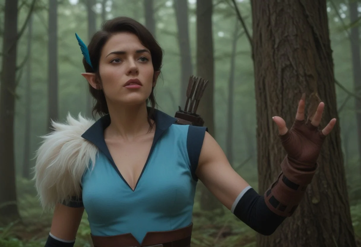 1 girl, full body, low angle looking up, gorgeous, perfect skin, (very large teardrop breasts), skinny body, (vexahlia), in a forest, short hair, brown hair, black hair, hair ornament, pointy ears, brown eyes, gloves, (cleavage), collarbone, fingerless gloves, armor, brown gloves, quiver,
ng_deepnegative_v1_75t, negative_hand, Score_PnyReal