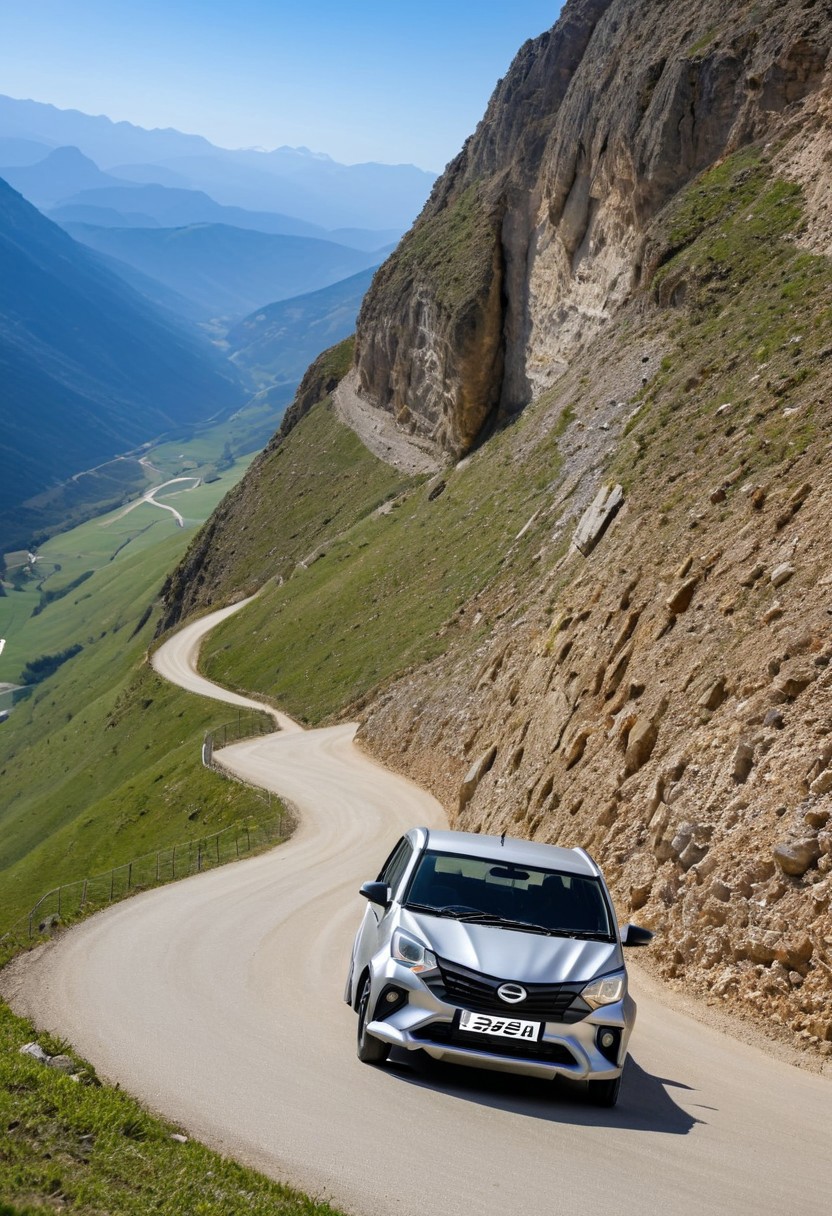 high resolution, best quality, Car, Daihatsu Sigra, Alpine pass, steep cliffs, winding road,