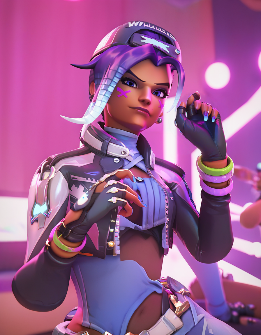 score_9, score_8_up, score_7_up,  hi-res, 8k, 2.5d,  solo focus, Sombrakpop   , Sombra (overwatch) , in a concert stage,   black gloves, good hands  <lora:Sombrakpop-30:.9>