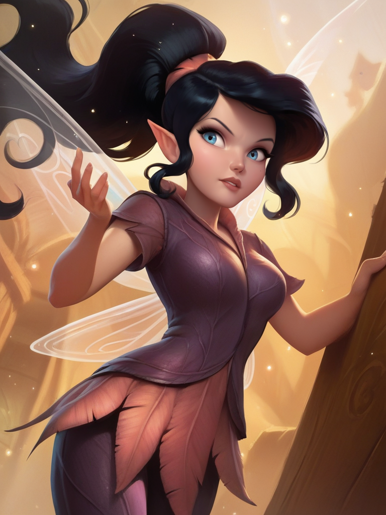 score_9, score_8_up, score_7_up, 1girl, dynamic pose, cowboy shot, looking at viewer, detailed background, magic particles around, cute pose, upset, vegetation, dutch angle, from above, from below,
<lora:AVidia_character:0.8>, VidiaXLP, black hair, long hair, ponytail, blue eyes, fairy wings, fairy, pointy ears, purple dress, short sleeves, pants, cartoon, <lora:Bonifasco_PonyXL_v1:0.65>