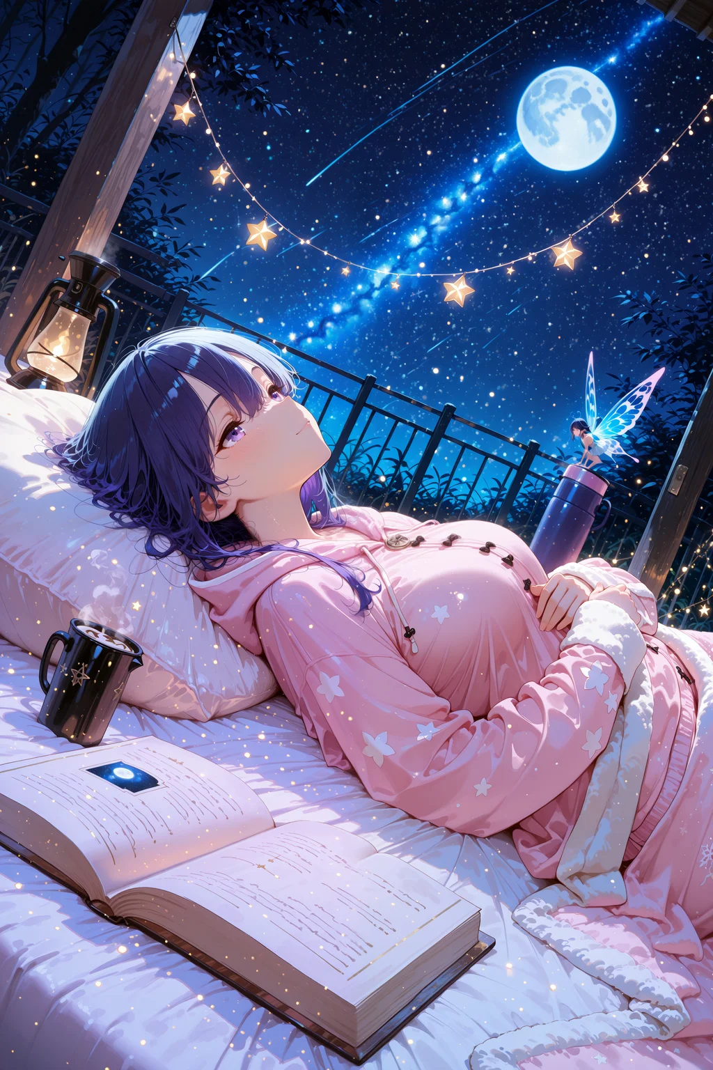 , masterpiece, best quality, highres, absurdres, digital painting, serene and peaceful atmosphere, a young girl lying on her back on a soft blanket in a grassy backyard, wearing a cozy oversized hoodie and warm pajamas, she is looking up at the night sky with an expression of pure wonder and a gentle smile, her eyes reflecting the starlight, the sky above is a clear, deep indigo, filled with countless twinkling stars and a detailed, luminous full moon, a few faint constellations are visible, a thermos of hot chocolate and an open book about stars rests beside her on the blanket, the scene is lit by the soft, gentle glow of the moon and a string of warm fairy lights hanging on a nearby fence, a feeling of peace, comfort, and quiet contemplation, 4ur4_illu,shiny