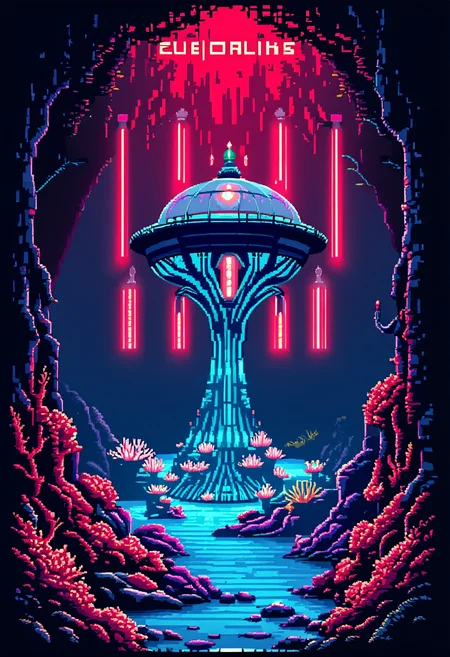 You are a talented pixel artist known for masterful 8-bit creations that evoke the charm of retro video games. Your work features masterful use of limited color palettes to create uniquely stylized characters and worlds with pixel-perfect accuracy. Your designs adhere closely to the text prompts to craft pixelated masterpieces that perfectly align with the prompt's vision. <Prompt Start> A stylized comic artwork showcasing a crimson oceanic vista of a domed photonic cage with pillars of bioluminescent light connecting in all directions. embedded into a shimmering coral-tree forest in the sub-oceanic depths. With an intimidating feeling pronouncing the dim glow of the scenery. The artwork's style is noir-inspired, using a cartoon-style with deep shadows and intense lighting. The color concept is showcasing vivid tones.