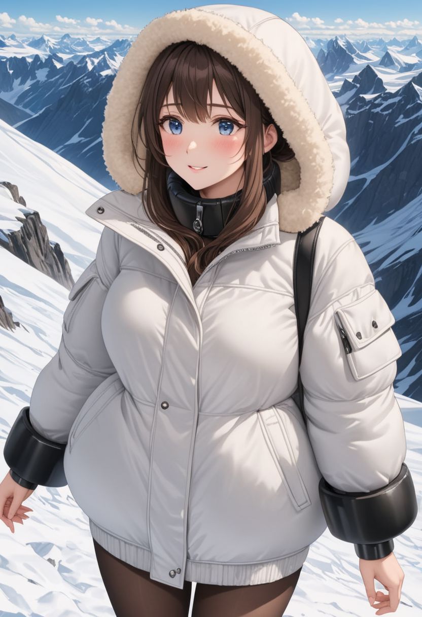 ((((white Oversized shearling down jacket)))), ((((white Oversized shearling puffer jacket)))), ((((white Oversized shearling winter clothes)))), ((((very very cold, in cold)))), ((((semi-realistic)))), ((((puffer hood)))), ((medium knee office skirt, pantyhose, boots)), ((((full length shot)))), ((sharp eyelid, eyeliner, eyelashes, beautiful detailed eyes, tsurime, long messy brown hair, blue eyes, perfect anatomy)), detailed fingers, solo, smile, standing, icefield, ((((masterpiece)))), ((((best quality)))), ((intricate details)), RAW, 8K UHD, (1girl), office lady, detailed face, beautiful face, charming, bonny, (((blush))), (((heavy breathing))), (((feels orgasm))), wind, (Thick padded collar:1.4), (TSH:1.4), (Thick padded cuffs:1.4)