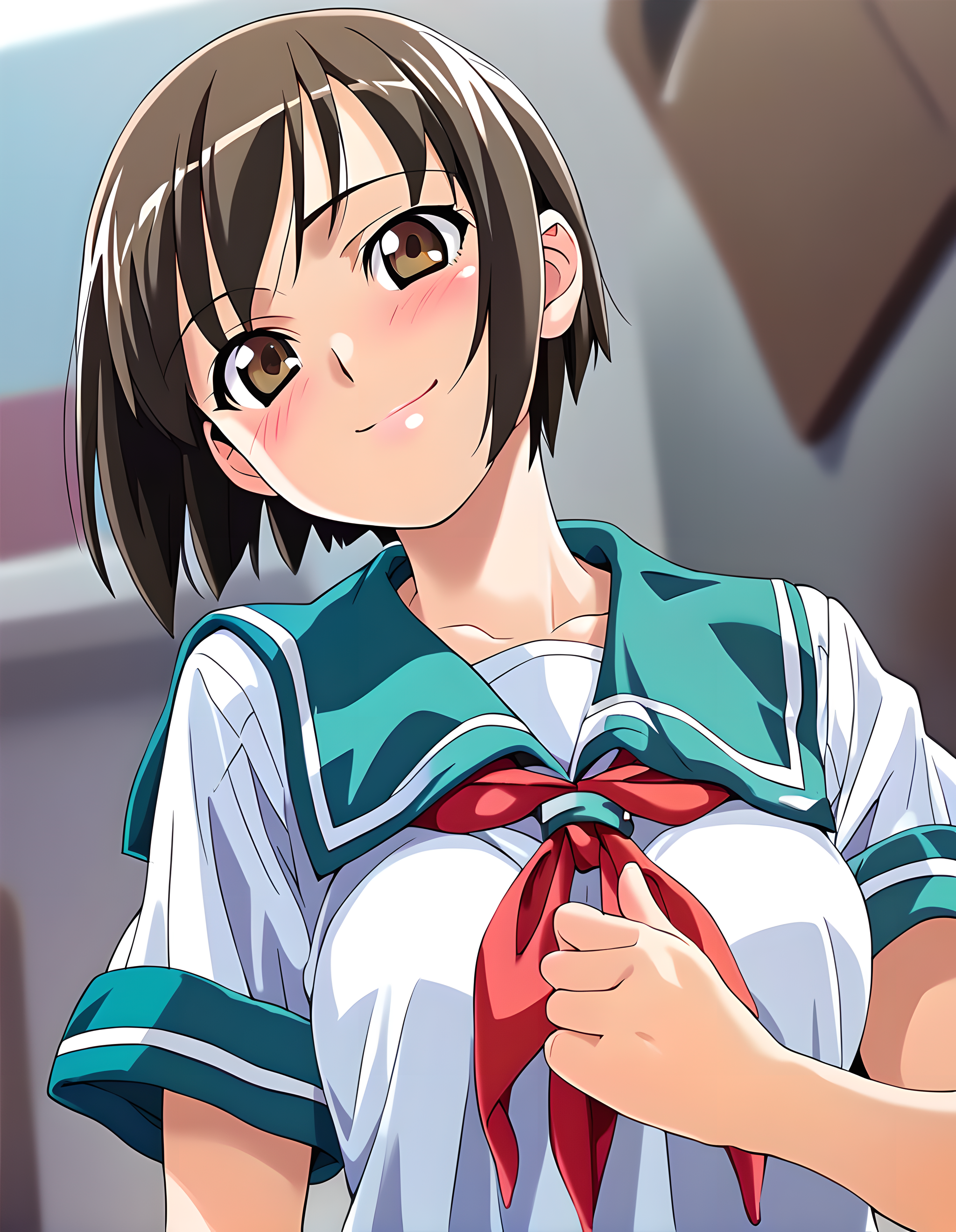 <lora:pony_xl_rika:0.8>,rika,score_9,score_8_up,score_7_up,source_anime,1girl,solo,looking at viewer,school uniform,dress,short sleeves,sailor dress,smile,blush,