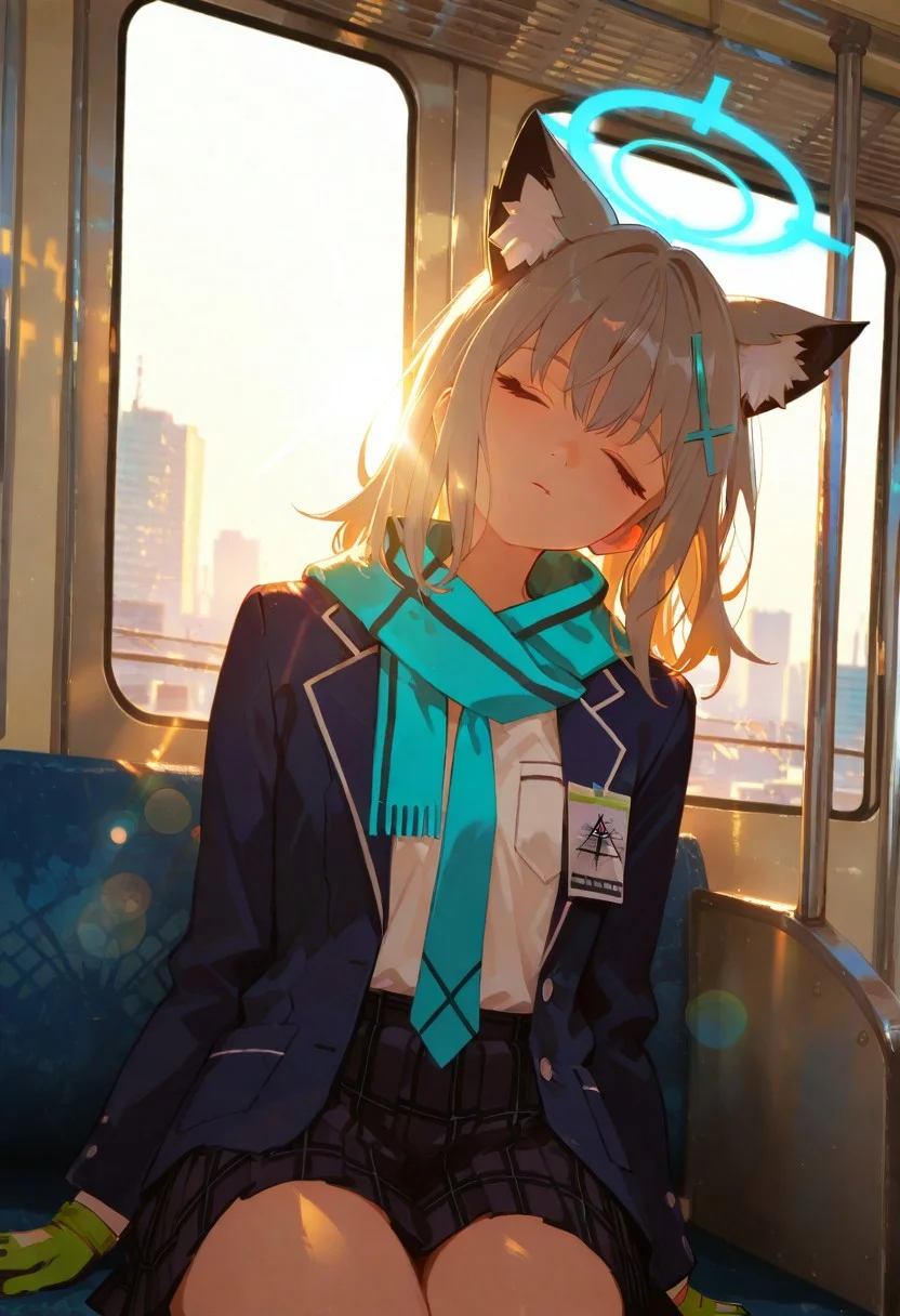 masterpiece, best quality, amazing quality, very aesthetic, absurdres, newest, cinematic lighting, backlit, backlighting, soft colors, 1girl, shiroko, solo, shiroko_\(blue_archive\), 
Score_9, score_8_up, score_7_up, masterpiece, best quality, source_explicit, source_anime, vibrant, studio anime,
closed_mouth, shiroko_\(blue_archive\), cross_hair_ornament, animal_ear_fluff, halo,  <lora:shiroko_(blue_archive)_image1930_2023-11-18_spv:1>, 
blazer, green_gloves, white_shirt, plaid_skirt, school_uniform, open_jacket, blue_jacket, long_sleeves, pleated_skirt,  blue_necktie, blue_scarf, sleeping, tilted head, dynamic angle
, closed eyes, [sitting] , looking to the side, (((straight on))), front view, (leaning against glass), drowsy, sunbeam, sunlight, lens flare, train interior, cityscape, cinematic angle