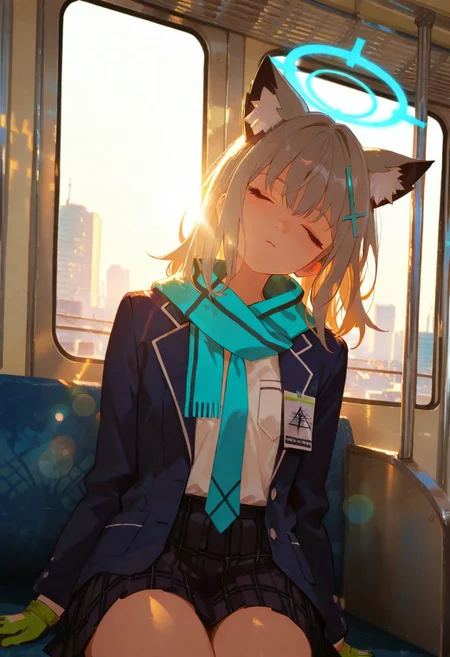 masterpiece, best quality, amazing quality, very aesthetic, absurdres, newest, cinematic lighting, backlit, backlighting, soft colors, 1girl, shiroko, solo, shiroko_\(blue_archive\), 
Score_9, score_8_up, score_7_up, masterpiece, best quality, source_explicit, source_anime, vibrant, studio anime,
closed_mouth, shiroko_\(blue_archive\), cross_hair_ornament, animal_ear_fluff, halo,  <lora:shiroko_(blue_archive)_image1930_2023-11-18_spv:1>, 
blazer, green_gloves, white_shirt, plaid_skirt, school_uniform, open_jacket, blue_jacket, long_sleeves, pleated_skirt,  blue_necktie, blue_scarf, sleeping, tilted head, dynamic angle
, closed eyes, [sitting] , looking to the side, (((straight on))), front view, (leaning against glass), drowsy, sunbeam, sunlight, lens flare, train interior, cityscape, cinematic angle