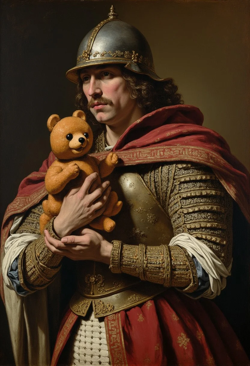 Renaissance painting of a paladin templar in full plate armor and tabard, helmet with visor,holding a cute bear doll
