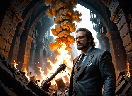 realistic, solo, dark fantasy art, apocalyptic, exaggerated facial expressions and body language, in the style of Michael Bay, extreme angle perspective, Dutch angle, view askew, angled side profile, depth of field, three dimensional wireframe composition, pornographic perspective, view from above, epic scale, wide angle lens, Lucifer as Prog420ress, jacket, full body, black-framed eyewear, beard, hell, fire, portrait, formal, boots, facial hair, teeth, blood, holding a Chereb <lora:Prog420_Avatar_Pony:0.8> <lora:Prog420_Red_Everliving_Pony:0.4> <lora:Explosion Artstyle - Trigger is Explosion Artstyle_121694:0.4> Explosion Artstyle