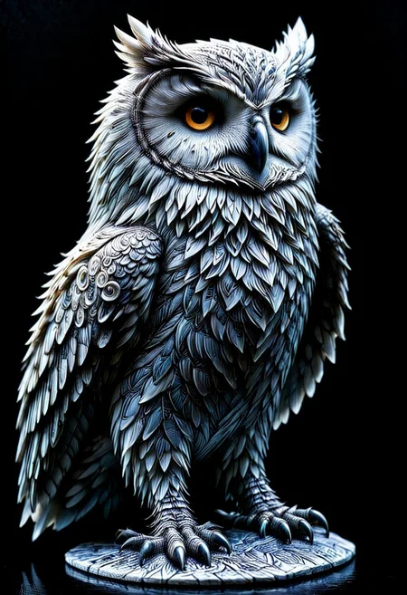 A photorealistic image of a majestic owl figure,
crystalstexture skin,(extremely delicate and beautiful), highly detailed, WhiteMold, art style, 3d printed mold, 
intricate details, dramatic composition, contrast, texture, realism, high quality, stunning art, film grain, volumetric lighting, detailed, 
ScribbleRay, doodle, sketch, black and white,
background is cozy room,