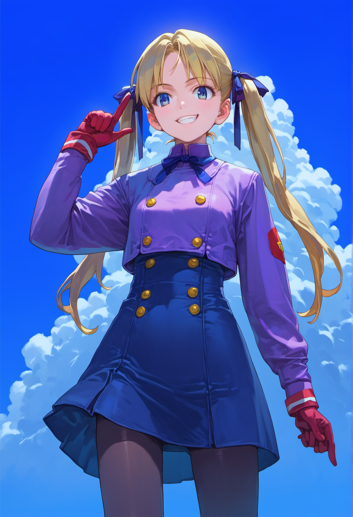 score_9, score_8_up, score_7_up, score_6_up,
yurihiro kajimoto, 1990s \(style\), 1girl, welch, cloudy sky, pointing, smile,
;p, 1girl, black legwear, blonde hair, gloves, hair ribbon, long hair, long sleeves, military uniform, pantyhose, purple shirt, ribbon, skirt, twintails, uniform,
upper body, (close-up:1.4), cowboy shot, clouds,
<lora:yukihiro_kajimoto_so2r_pony:0.8>
<lora:IOS_Iridescent_opal_style:0.8>