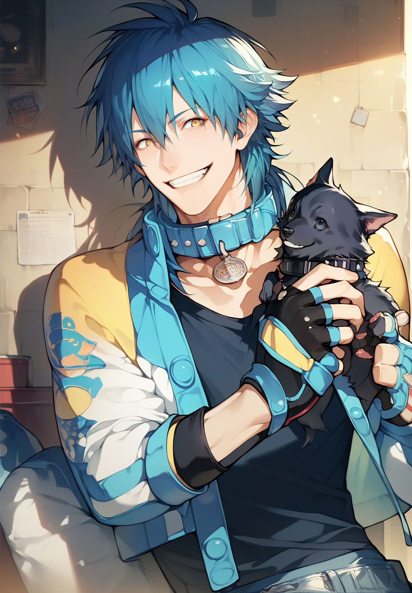 score_9,score_8_up,score_7_up,source_anime,seragaki_aoba,male focus,dog,blue hair,1boy,yellow eyes,gloves,smile,fingerless gloves,grin,collar,solo,animal,,,<lora:Seragaki_Aoba:0.9>,<lora:somoss:0.8>