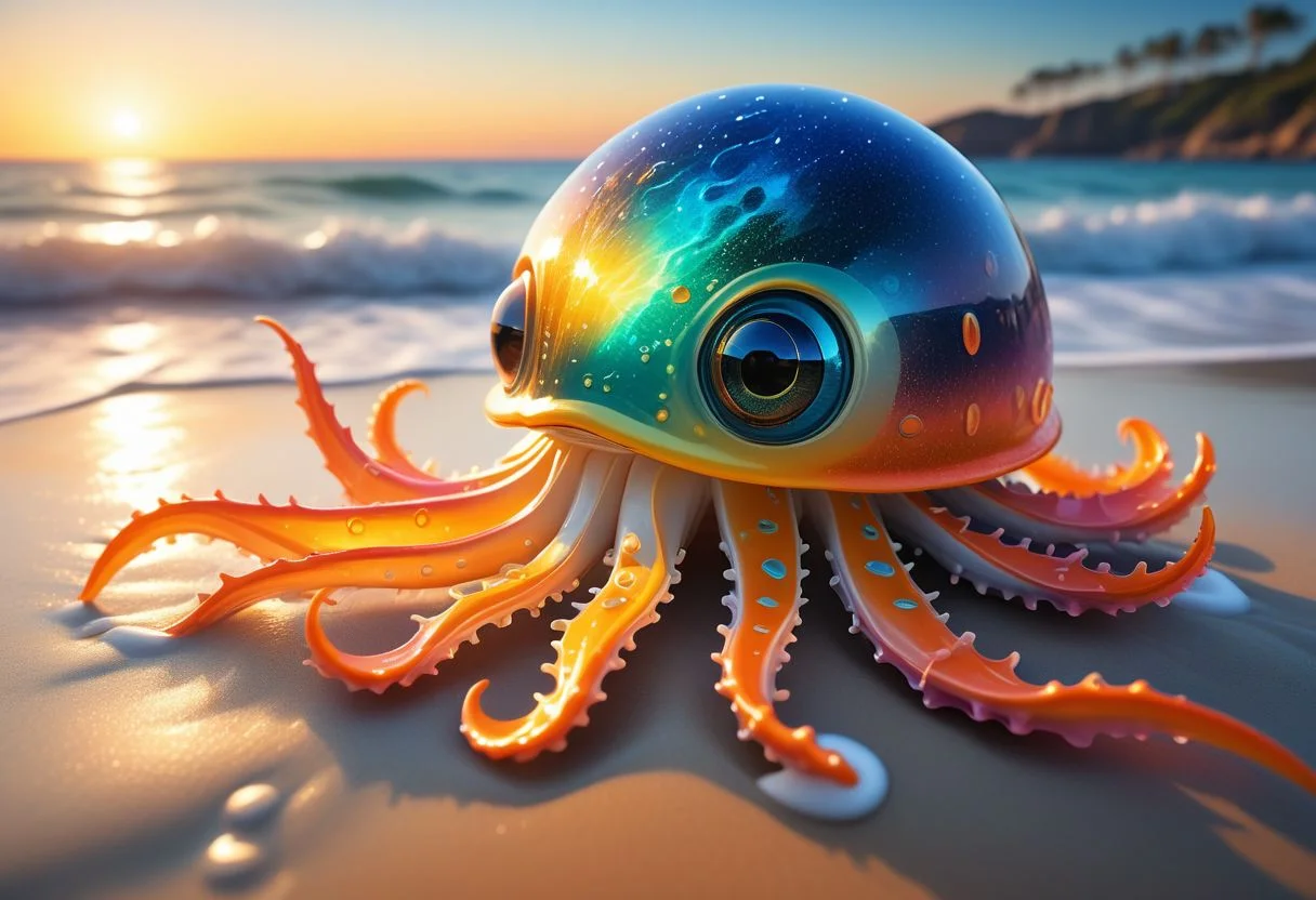 photograph, 3D realistic, extremely beautiful, ultra detailed, highly detailed, incredibly detailed, masterpiece, best quality, detailed background, sharp focus,
Illustrate a tranquil beach . Glowing sea octopus swim near the shore, and the sand sparkles with bioluminescence, cute, little creature. Best quality, high resolution, hyper-detailed, seaside magic.
masterpiece, best quality, detailed eyes, detailed face, perfect face, highly detailed skin, textured skin,