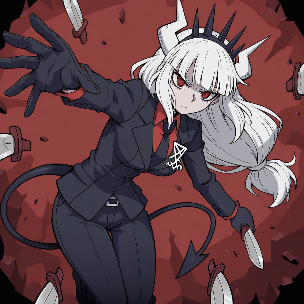 masterpiece, best quality, newest, absurdres, highres, anime, anime style, KFV1.0, knife, throwing, throw, throwing knife, 1girl, lucifer \(helltaker\), black suit, red necktie, black collared shirt, black gloves, blunt bangs, demon horns, demon girl, demon tail, red eyes, white hair, long hair, holding, holding knife, holding weapon, weapon,