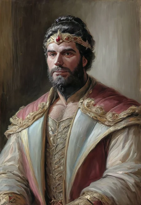 score_9, score_8_up, score_7_up,
(human), king, huge muscles, painting texture, royal mantle, hairy chest, beard, stern expression, fully clothed, heavy male, dark hair, 1male, chiaroscuro, portraiture, (detailed face),
<lora:Faux Oil Painting Soft Style LoRA_Pony XL v6:0.7>