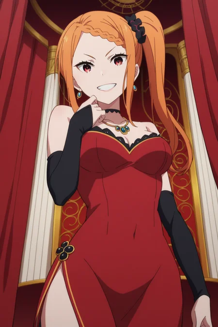 score_9, score_8_up, score_7_up, source_anime, 1girl, prefect lighting, very aesthetic, intricate details, highly detailed background, masterpiece, high quality, prefect hands, best quality, solo,
<lora:Priscilla_Barielle_ReZero_V1:.85>, KJOpriscilla, orange hair, red eyes, braided bangs, side ponytail,
red dress, side slit, black choker, necklace, hair ornament, black elbow gloves,
cowboy shot, dutch angle, looking at viewer, head tilt, evil grin, shaded face, from below, hand on chin,
ballroom, pillars, curtains,
(Beautiful, medium Breasts:1.2), natural breasts,