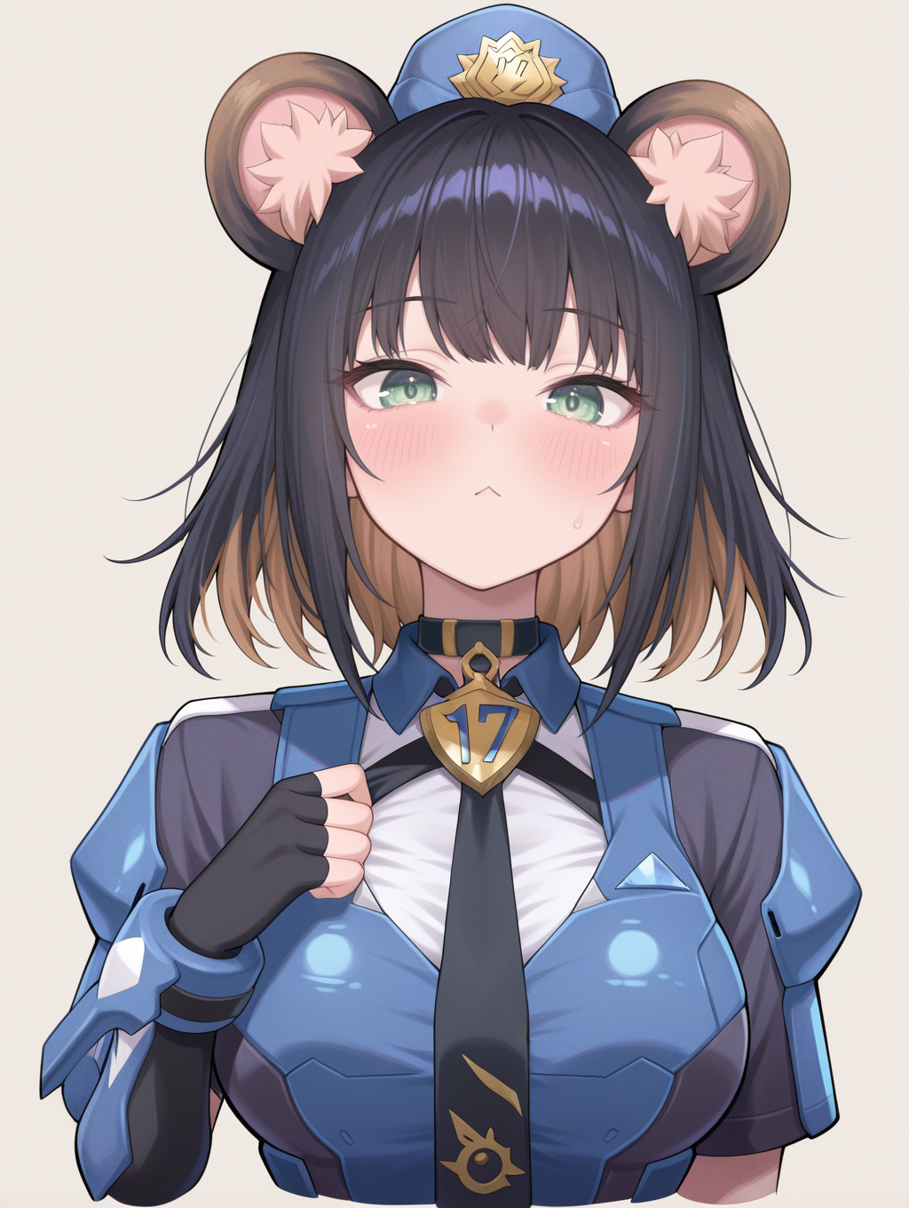k9-17 ripper, 1girl, solo, upper body, blush, looking at viewer, :<, blue garrison cap, blue fingerless gloves, white shirt, black necktie, blue jacket, cropped torso, k9 city
masterpiece,best quality,amazing quality,very aesthetic,absurdres,newest,<lora:K9-17 Ripper & Izuna illusXL v1.33:0.72>,