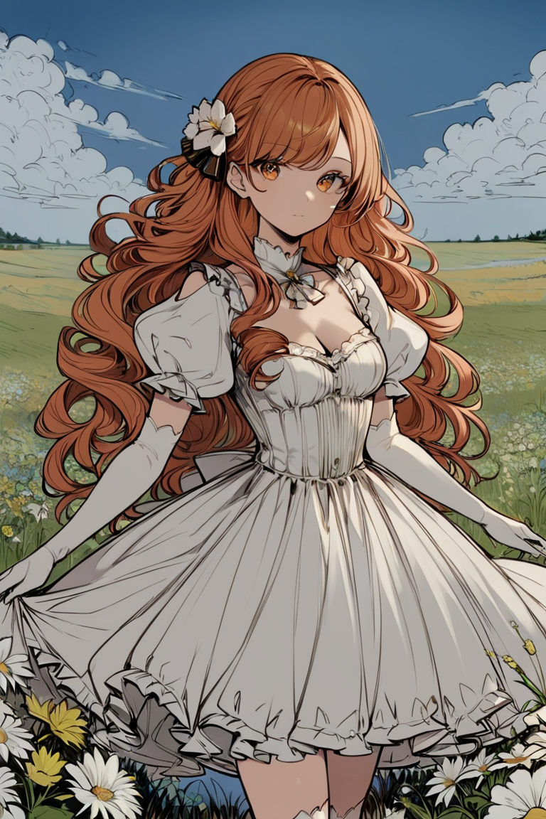 score_9, score_8_up, score_7_up, rating_safe, 1girl, solo, long hair, curly hair, wavy hair, orange hair, orange eyes, looking at viewer, breasts, dress, white dress, puffy sleeves, puffy short sleeves, short sleeves, gloves, elbow gloves, white gloves, cowboy shot, closed mouth, standing, outdoors, field, flower, grass, plant, sky <lora:LineArt Mono Style LoRA_Pony XL v6:1>