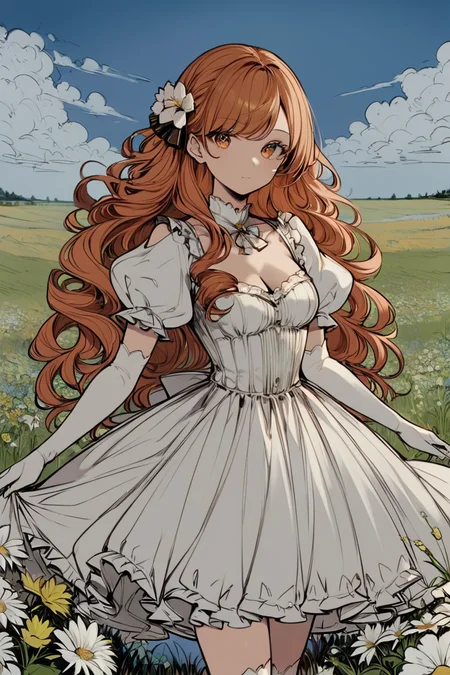 score_9, score_8_up, score_7_up, rating_safe, 1girl, solo, long hair, curly hair, wavy hair, orange hair, orange eyes, looking at viewer, breasts, dress, white dress, puffy sleeves, puffy short sleeves, short sleeves, gloves, elbow gloves, white gloves, cowboy shot, closed mouth, standing, outdoors, field, flower, grass, plant, sky <lora:LineArt Mono Style LoRA_Pony XL v6:1>