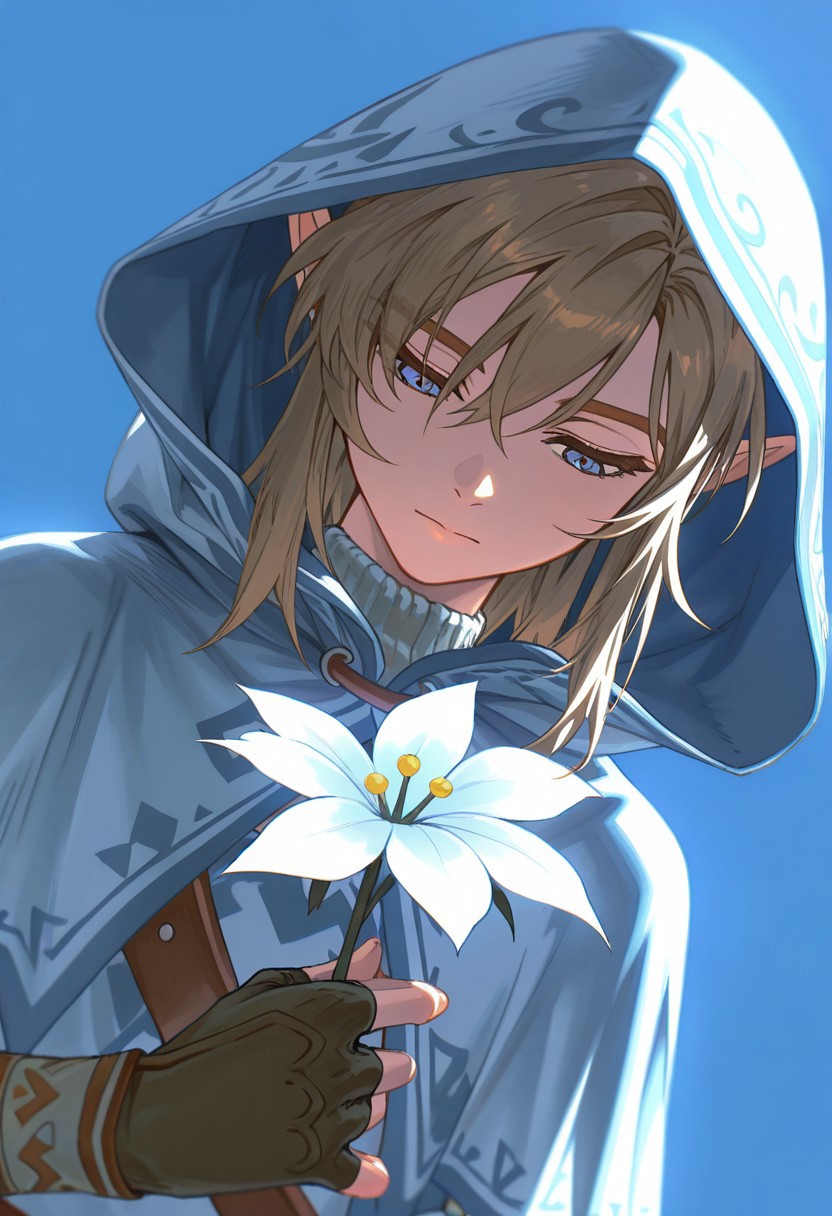 WALLPPR_ST, masterpiece, best quality, very aesthetic, high resolution, ultra-detailed, absurdres, newest, detailed eyes, beautiful, perfect lighting, hi res, amazing quality, very awa, painting_(artwork), dynamic angle, dynamic pose, WALLPPR_ST, 1boy, male focus, link, blonde hair, pointy ears, upper body, hood up, holding flower, bangs, long hair, hooded cape, white flower, closed mouth, blue background, half-closed eyes, hair between eyes, blue eyes, simple background, looking down, fingerless gloves