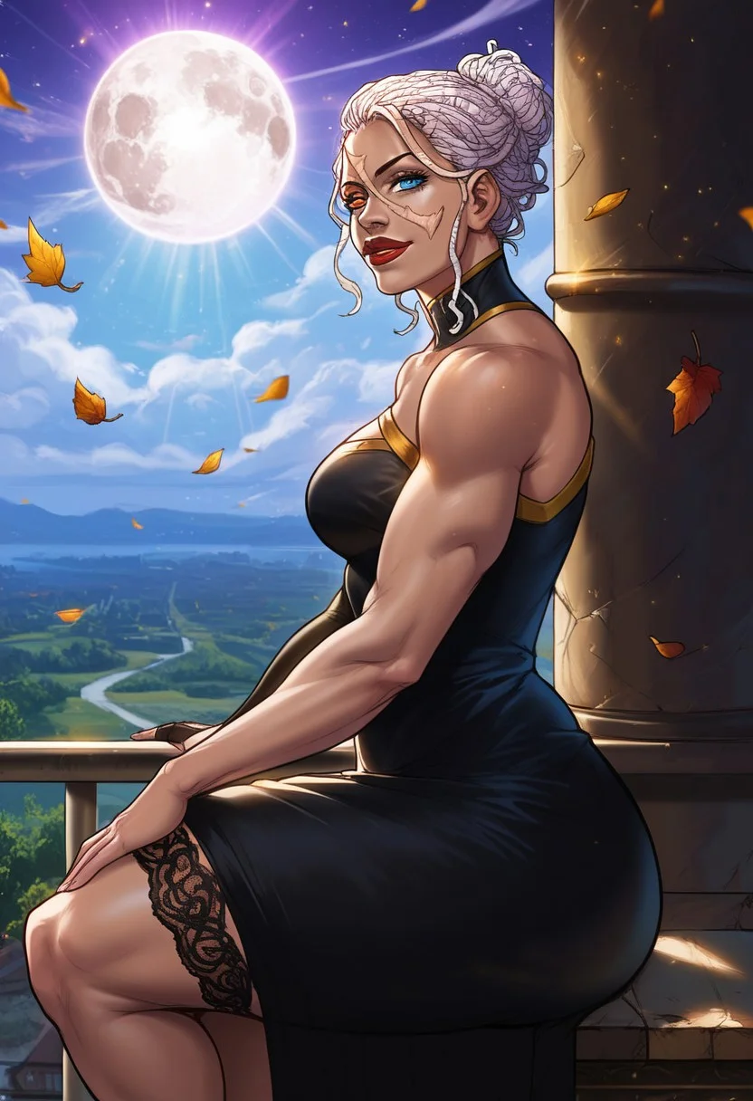 detailed face, detailed eyes, high resolution, intricate design, sharp edges, smooth, high detailed, god level, good proportions, detailed fingers, (masterpiece, best quality, ultra-detailed), (anime style, manhwa style:1.2)
...
(Andrea, 1girl, scar on face, scar across eye, white hair, dreadlocks. single hair bun, heterochromia, left orange eye, right blue eye, muscular female, black loin dress, single sleeve, jewelry, lipstick, high heels, thigh lace, huge thighs)
...
looking at viewer, sitting on building roof, side view, close up, (mid-range shot, upper body, from thighs up:1.2), hand on thigh
...
score_10, score_9, score_8, 1girl, solo, alone, cinematic, sketch 
...
outdoors, dynamic lighting, wind, leaves,  (soft lighting, dramatic shadows), (sharp focus), (cinematic lighting:1.3), ( mystical aura), moon ethereal light rays, warm glow, realistic shading, night