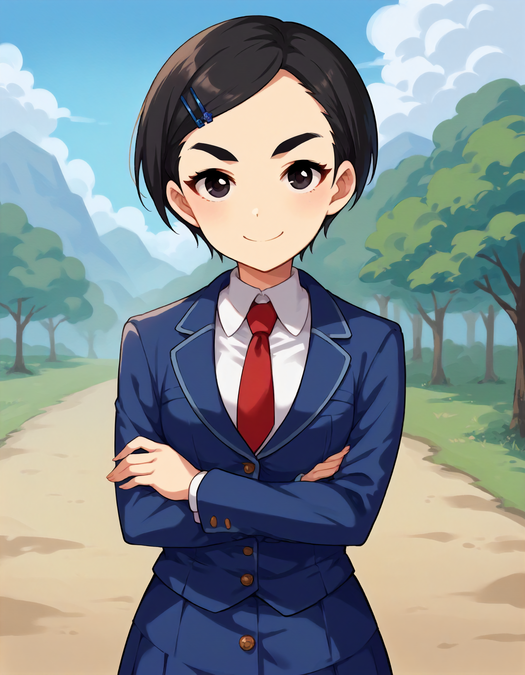 score_9,score_8_up,score_7_up,1girl,solo,cowboy shot,looking at viewer,smile,outdoors,crossed arms,
<lora:matsuochizuru_ponyXLV6:0.8>,cgmc,black hair,short hair,parted bangs,thick eyebrows,black eyes,
blue hairclip,blue jacket,white shirt,red necktie,blue skirt