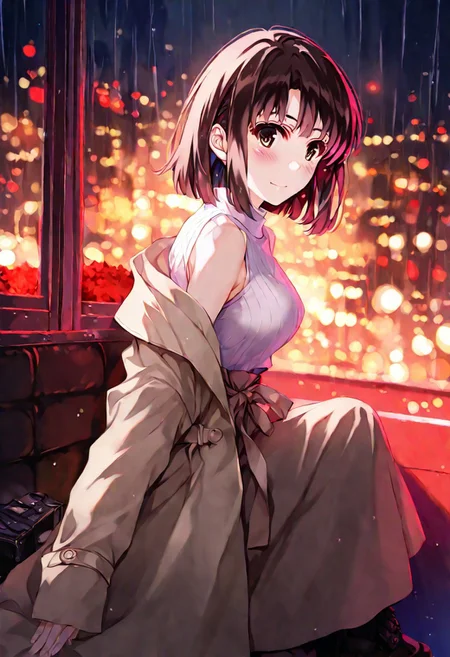 1girl, misaki_kurehito_1, katou megumi, Megumi,brown hair,kato megumi,brown eyes, short hair , medium breasts, bare shoulders, narrow mouth, solo, looking at viewer, rainy day theme, urban street at dusk with reflections of neon lights in puddles, wearing a beige trench coat and ankle boots, soft raindrops falling around her, slight melancholic expression, her hair slightly damp, warm glow from a nearby streetlamp illuminating her, cars and city lights blurred in the background, soft pastel hues, over-the-shoulder perspective, cinematic depth of field, calm and introspective atmosphere, masterpiece, best quality, absurdres, newest, highres, very aesthetic, source_anime