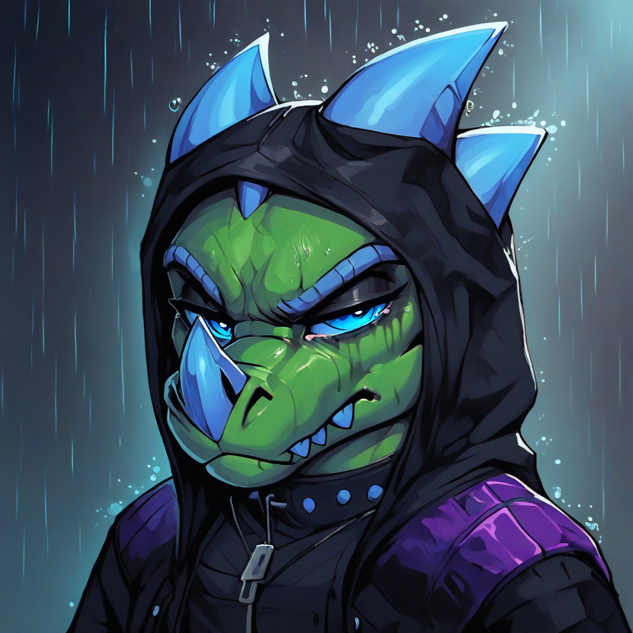 <lora:kabsraptorxl:0.9>,  source_furry, solo, cowboy shot, pants, wide hips, (wearing hood over head, hands on hood, hood up, cowl, cowl up, hood draped over head:1.5), cyberpunk,vergence (kabscorner), raptor, lizard, hoodie, flat chest, curvy, wet, sweat, bedroom eyes, glistening, scales, seductive, realistic detailed skin, dynamic pose, dutch angle, (green skin, green body), blue eyes, blue nose horn, fangs, dark depressing road background, rain, (sad, emo, bored, frown:1.4),  dark blue atmosphere, dark alley, blue face marking, from side
score_9, score_8_up, score_7_up,  <lora:add-detail-xl:1.1>,  <lora:incase---1:0.1>,   <lora:g0th1cPXL:0.5>, dark gothic neon, oil painting